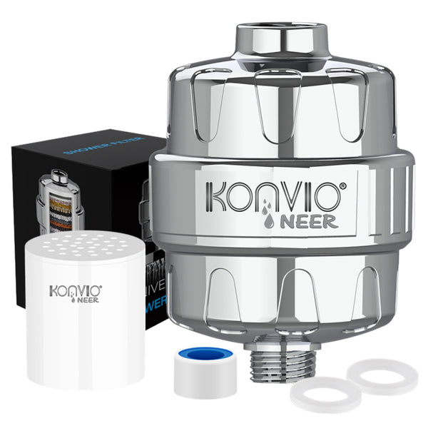 Konvio Neer 22-stage advanced Shower Filter for Hard Water | Multi-Stage Borewell/Tanker Water Softener for Bathroom, for Soft hair and skin | Chrome Finish (22-Stage, Pack of 1)