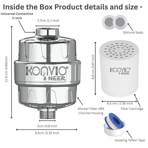 Konvio Neer 22-stage advanced Shower Filter for Hard Water | Multi-Stage Borewell/Tanker Water Softener for Bathroom, for better hair and skin | Chrome Finish (22-Stage, Pack of 1 + Extra Cartridge)