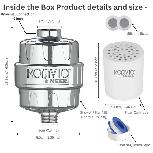 Konvio Neer 22-stage advanced Shower Filter for Hard Water | Multi-Stage Borewell/Tanker Water Softener for Bathroom, for Soft hair and skin | Chrome Finish (22-Stage, Pack of 1)