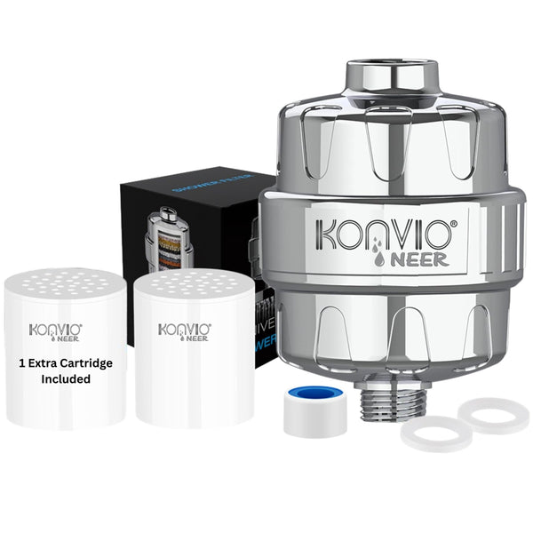Konvio Neer 22-stage advanced Shower Filter for Hard Water | Multi-Stage Borewell/Tanker Water Softener for Bathroom, for better hair and skin | Chrome Finish (22-Stage, Pack of 1 + Extra Cartridge)